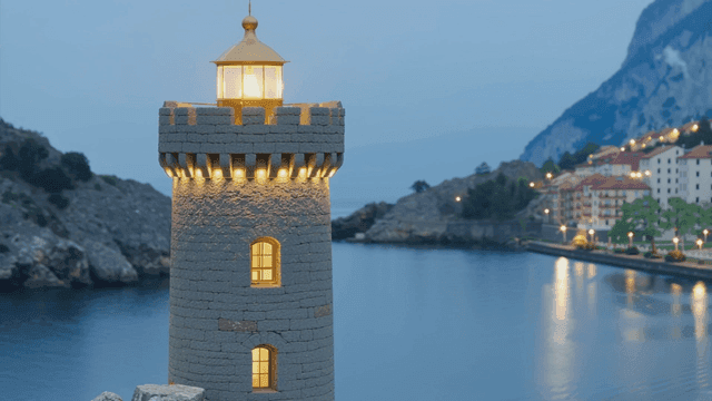 Lighthouse by the sea with distant buildings