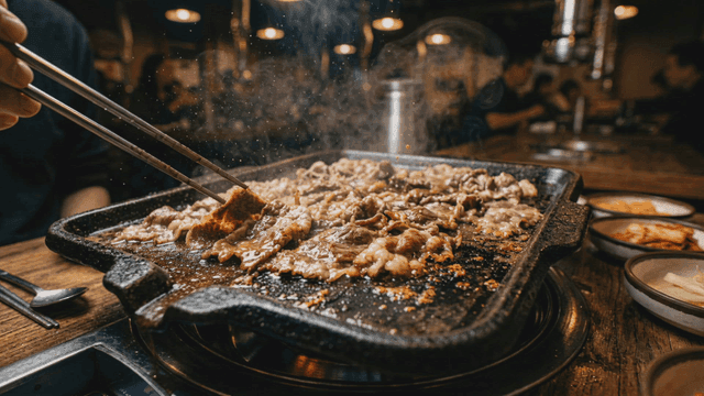 Beef brisket grilling on hot plate