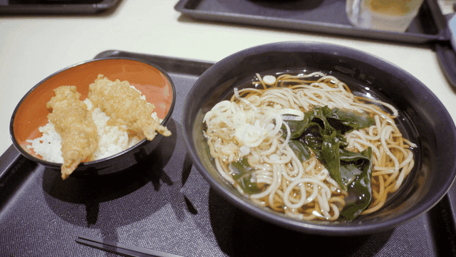 새우 튀김과 따뜻한 일본 우동