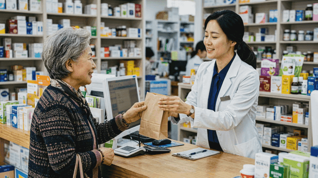 Pharmacist handing medicine to elderly customer