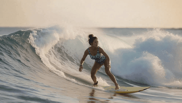 큰 파도 위에서 서핑하는 여성