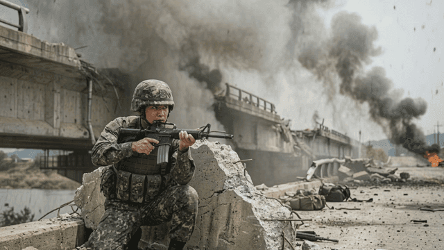 Soldier taking cover on bridge destroyed by war