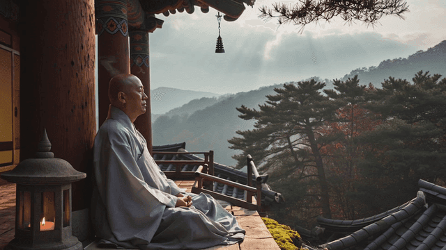 사찰에서 명상하는 승려