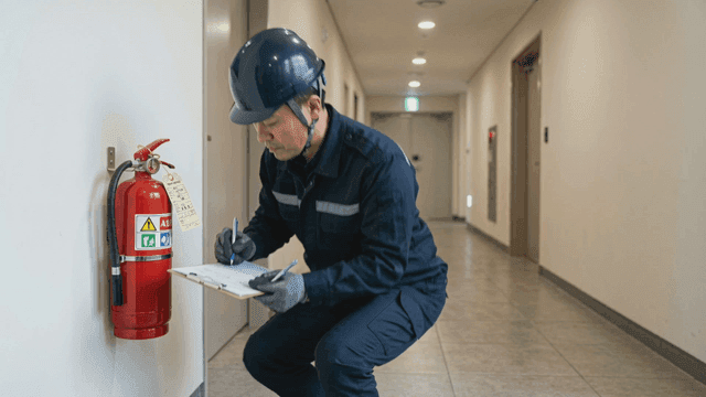 Worker inspecting fire extinguisher