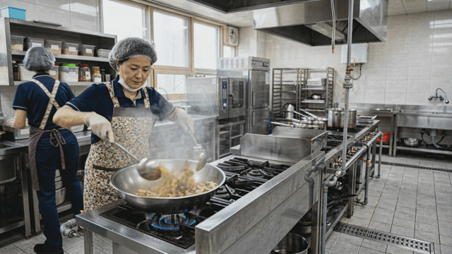 School cafeteria cooks stir-frying large quantities of vegetables in kitchen