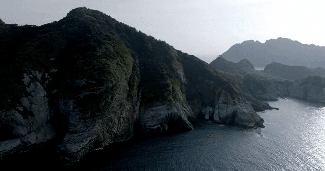 Lush green island with rocky cliffs