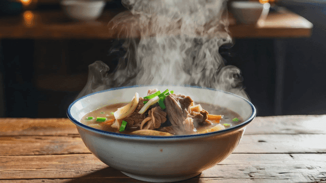 Steaming beef soup on table