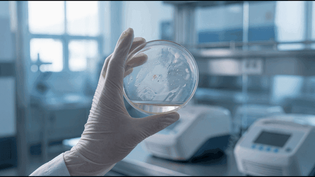Gloves holding Petri dish in laboratory