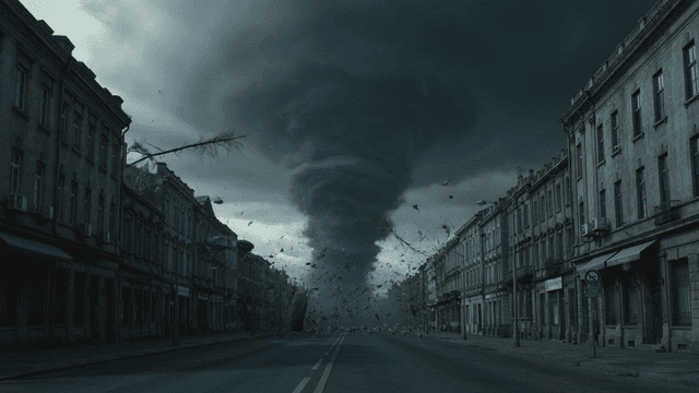 Empty city streets as tornado approaches