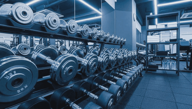 덤벨이 있는 잘 갖춰진 헬스장