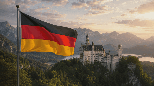 German flag and castle in mountains