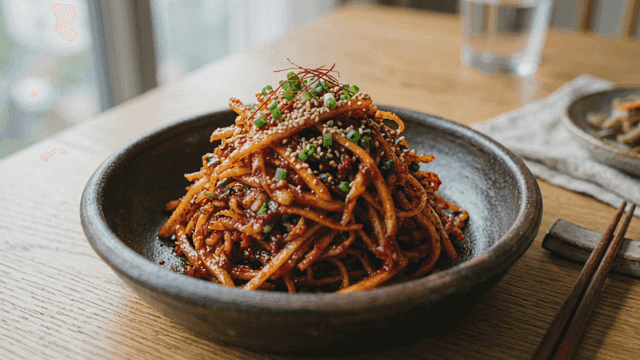 Spicy radish salad on table