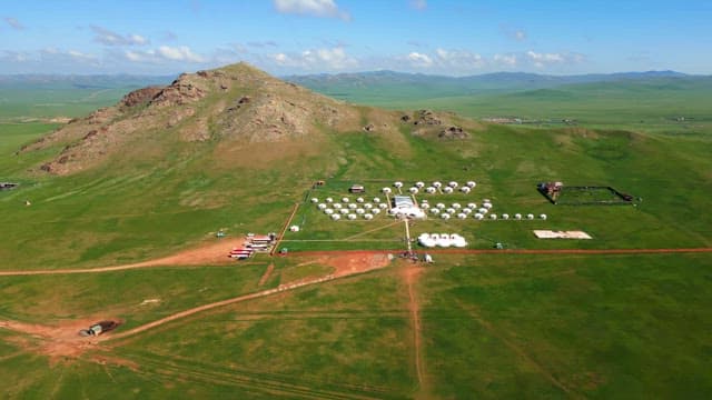 Vast green landscape with yurts and hills