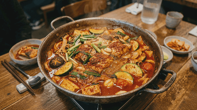 Spicy fish stew on table