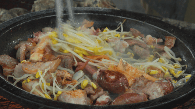 Octopus, pork belly, stir-fried kimchi, and bean sprouts