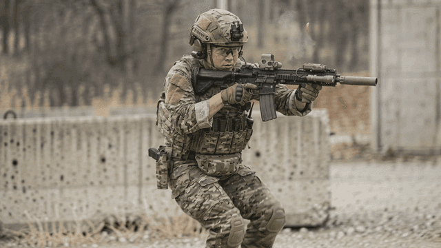 Soldiers advancing while firing rifles equipped with tactical gear