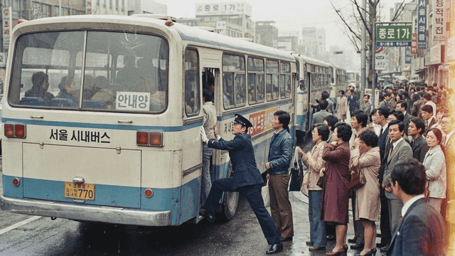 People boarding bus at bus stop in 1970s