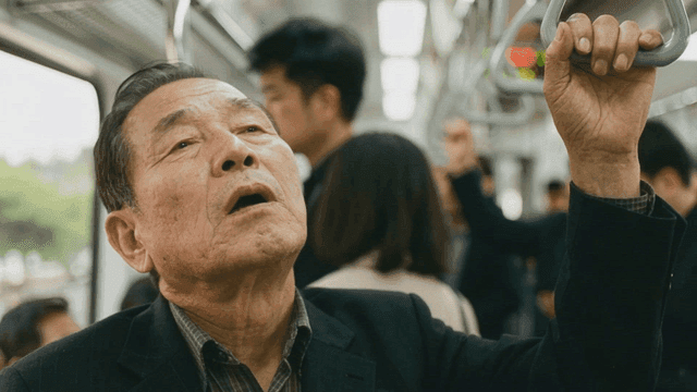Elderly person standing in crowded subway
