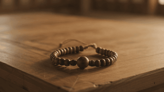 Wooden prayer beads on a wooden table