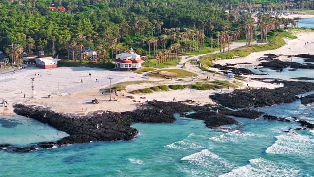 Scenic beach with lush greenery and buildings