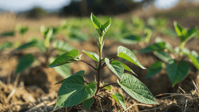 Young plant growing in a sunny field