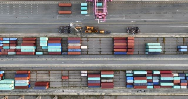 View of a busy container port