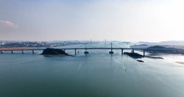 Bridge over a calm sea with cityscape