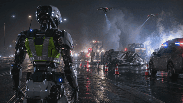 A robot overseeing a nighttime accident scene