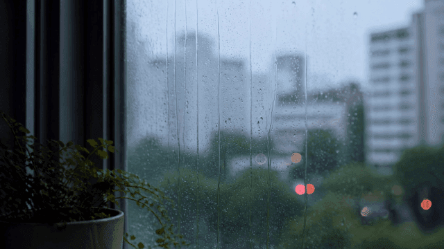 Rainy day view from a window with plants