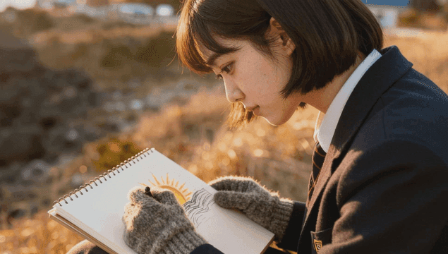 들판에서 노을을 그리는 소녀