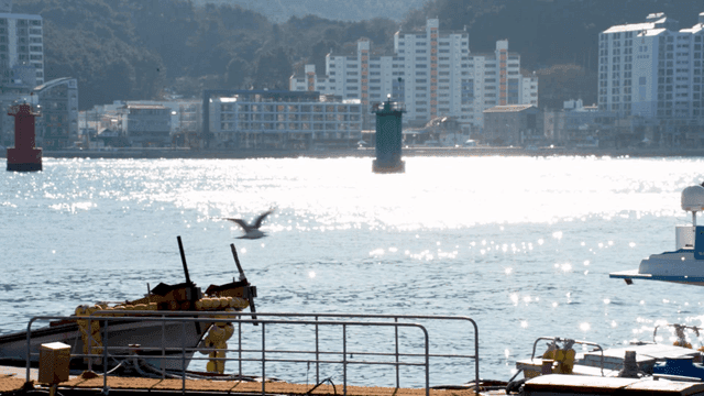 A cityscape with a sparkling sea
