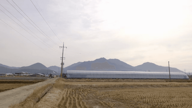 A rural farm with greenhouses and mountains