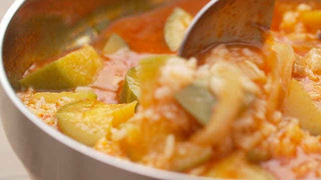 Hearty zucchini kimchi stew with rice