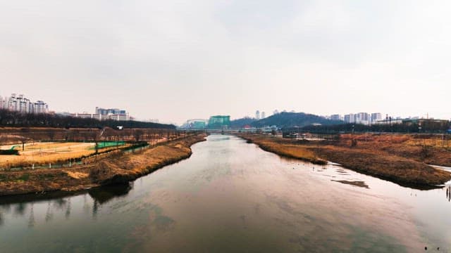 흐린 날 도시를 가로지르는 강과 도시 경관