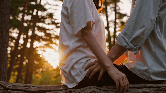 숲속 통나무에 앉아 있는 커플