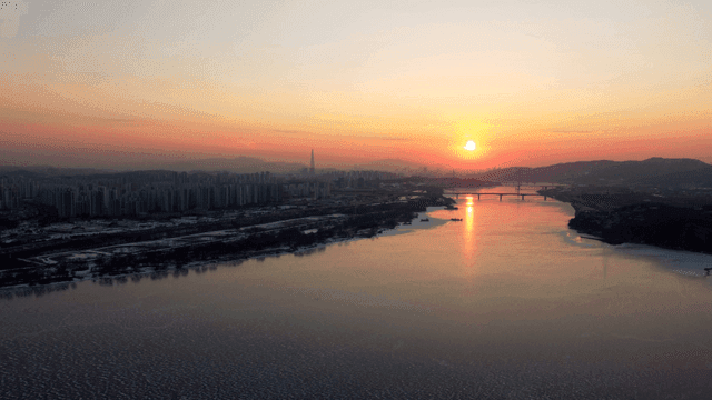 Sunset over a city skyline and river
