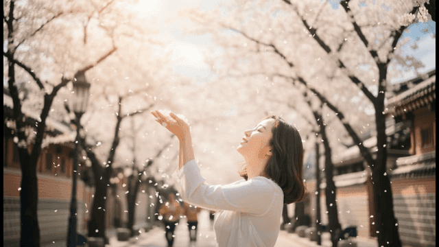 Woman smiling happily while throwing cherry blossoms in spring