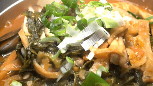 Spicy Seafood Noodle Soup with Napa Cabbage and seafood