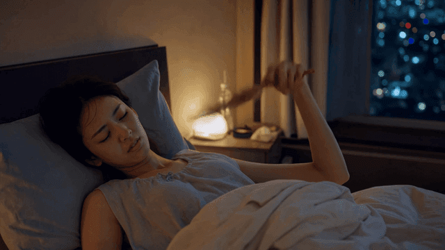 Woman fanning herself while lying in bed at night