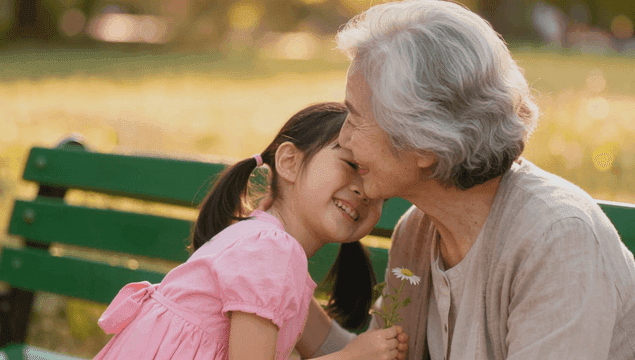 Granddaughter giving daisies to her grandmother