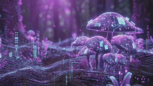 Digital mushrooms glowing in a forest