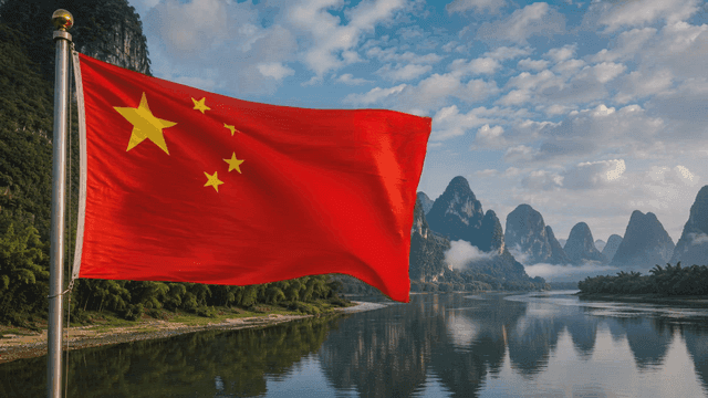 Chinese flag fluttering by beautiful river