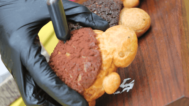 손으로 집어 든 거북이 모양의 소보로빵