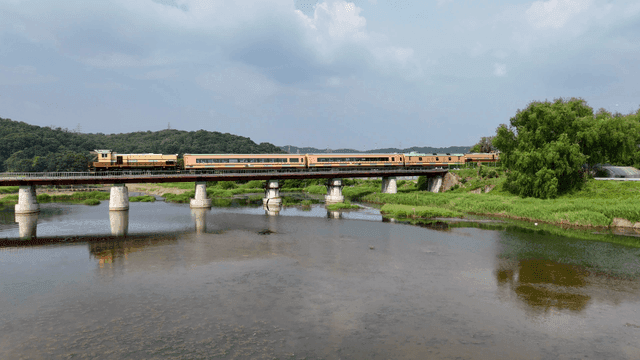 Train crossing a bridge over a river