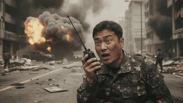 전쟁터에서 통신하는 군인