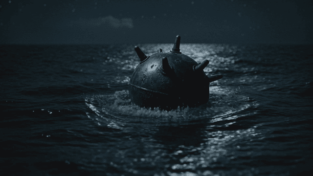Naval mines floating in night sea