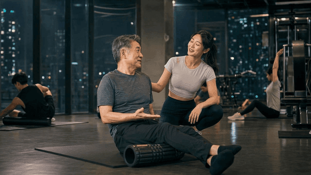 Trainer instructing elderly man warming up with foam roller