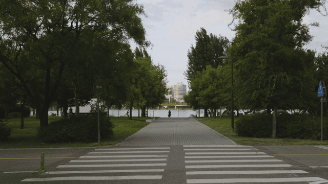 Park crosswalk leading to river where buildings are visible