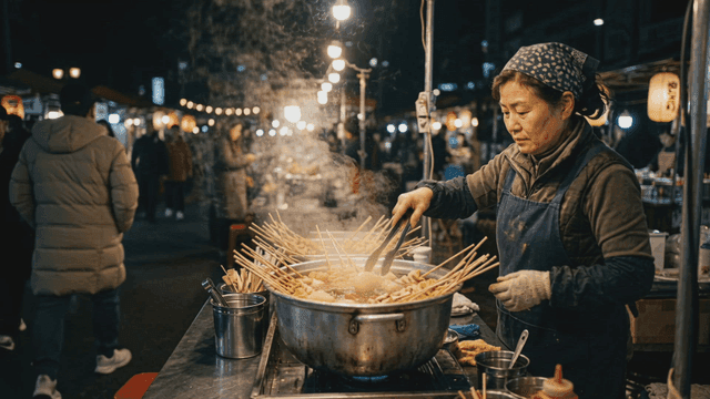 Middle-aged woman boiling fish cakes at outdoor street food stall