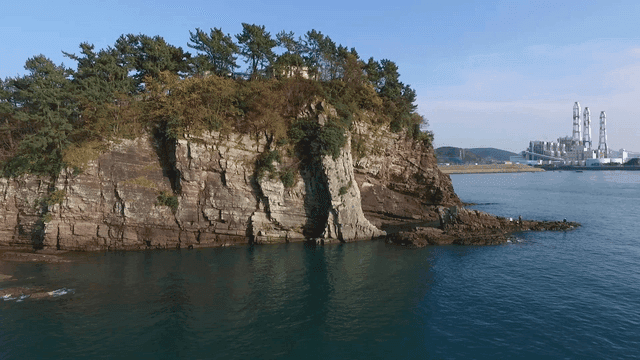 바다 옆 울창한 나무가 있는 바위섬